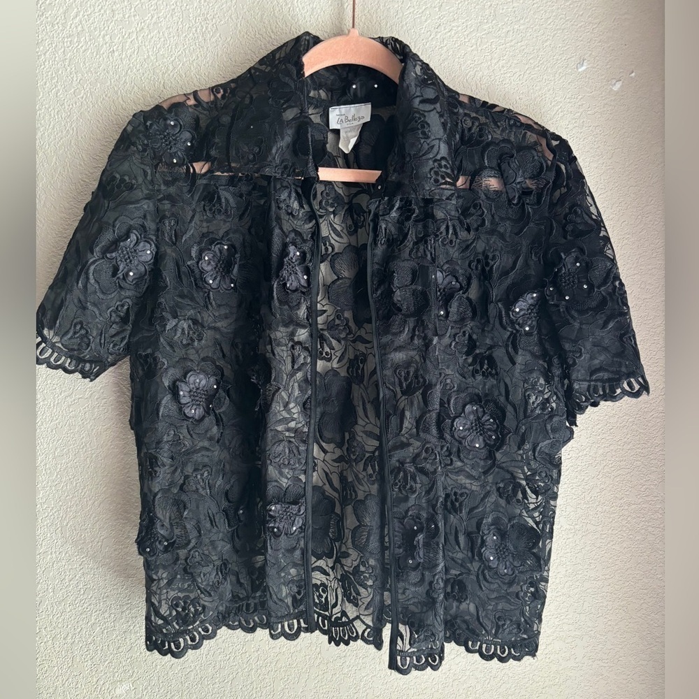 Moda La Belezza Black Scalloped Floral Lace Formal Open Front Shrug Jacket OS